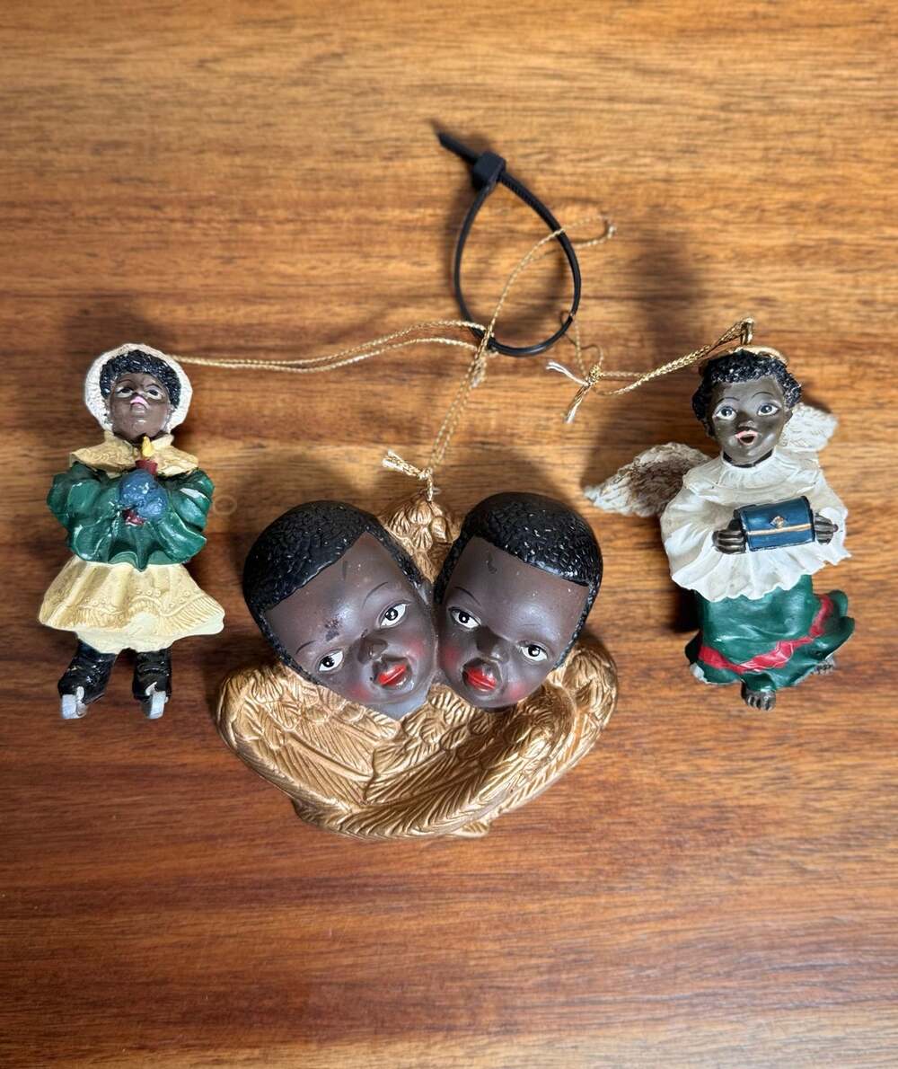 Set of 3 Vintage African American Angel Christmas Ornaments Resin 4 Inch